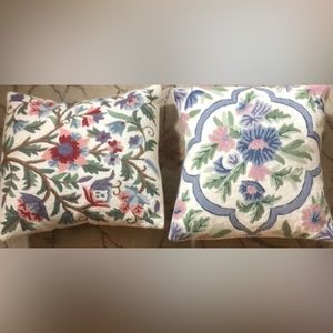 2 Vintage Wool Embroidered Throw Pillows approx 16” x 16”